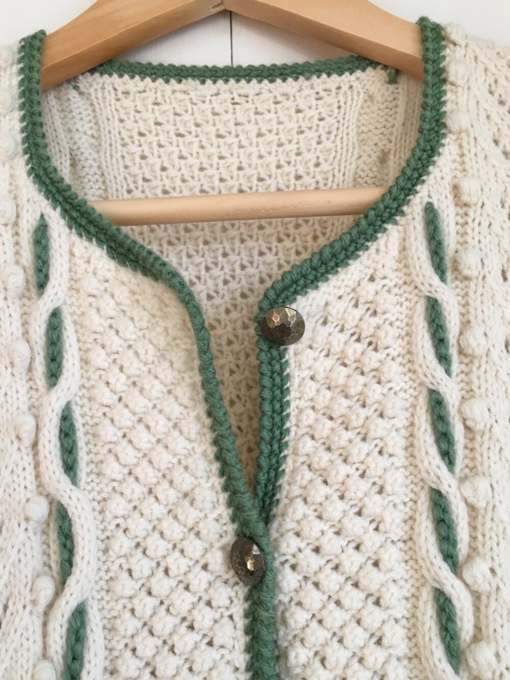 Vintage Hand-Knit Peplum Cardigan Sweater S Cream Sage Green Cable Whimsigoth - Picture 7 of 16